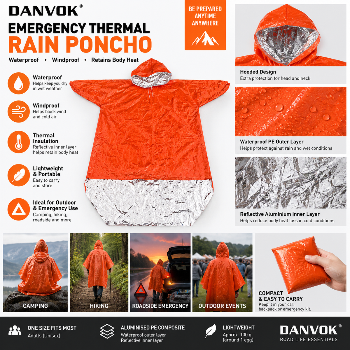 Emergency Thermal Rain Poncho – Waterproof & Windproof