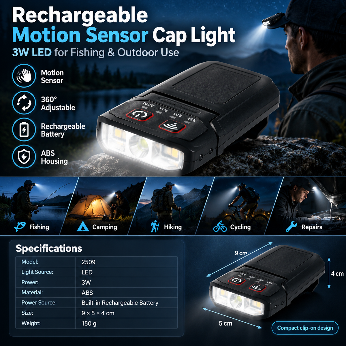 Rechargeable Motion Sensor Cap Light – 3W LED for Fishing & Outdoor Use
