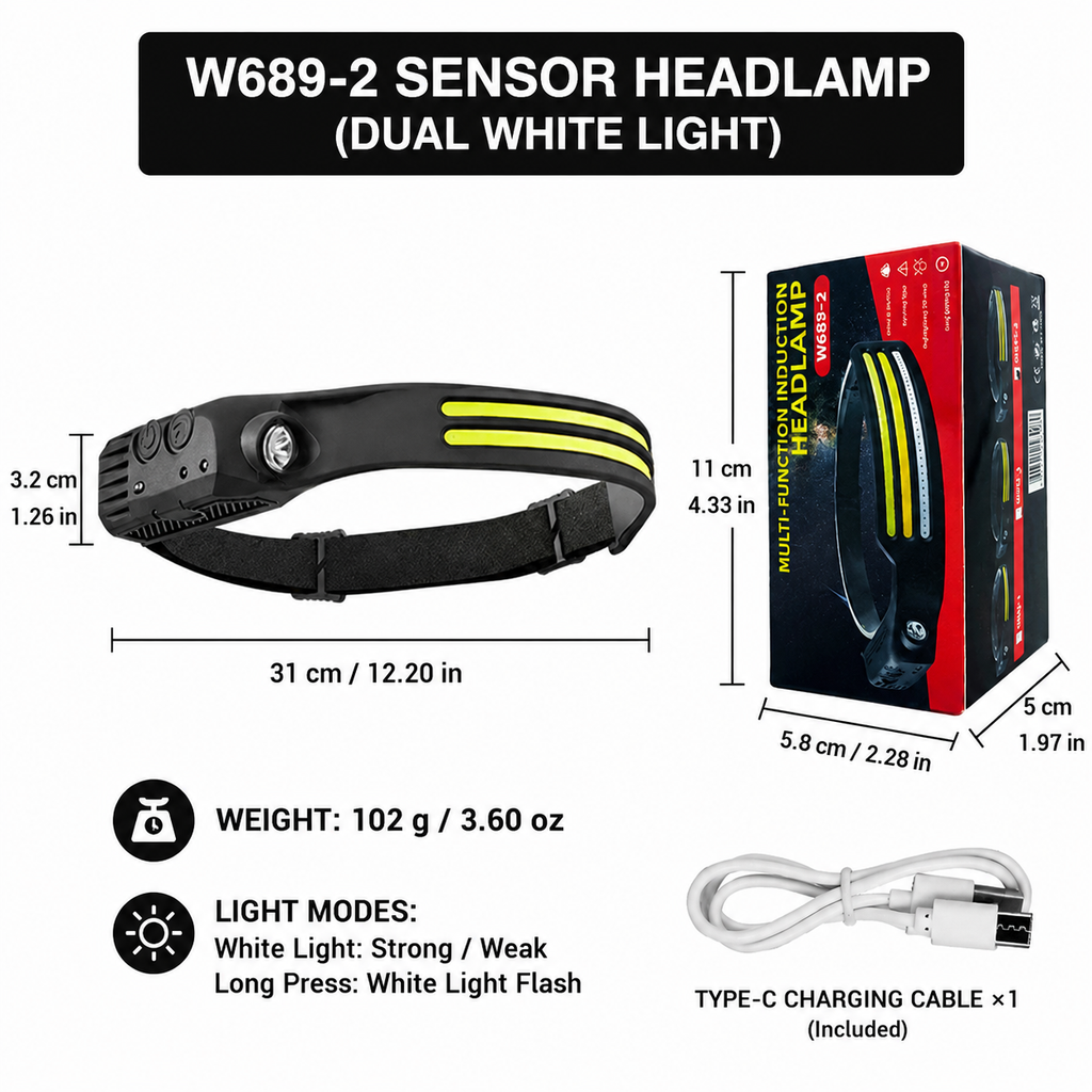 Dual White COB Sensor Headlamp with Side Light