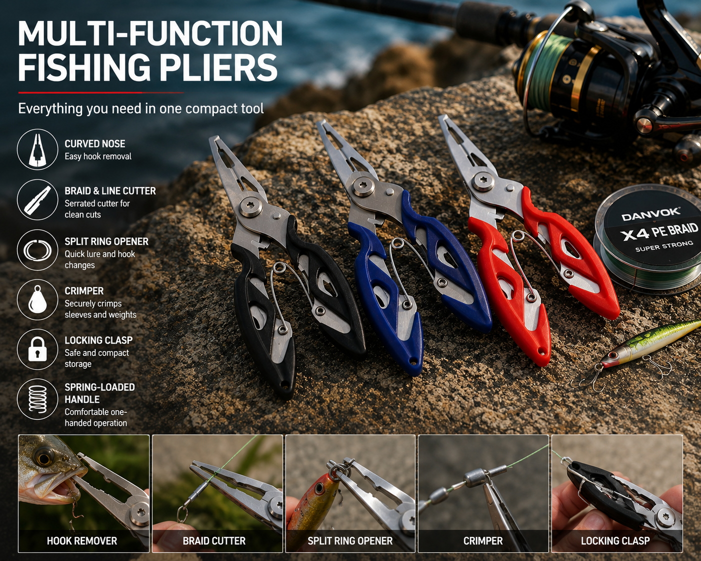 Fishing Pliers with Braid Cutter, Split Ring Opener & Hook Remover