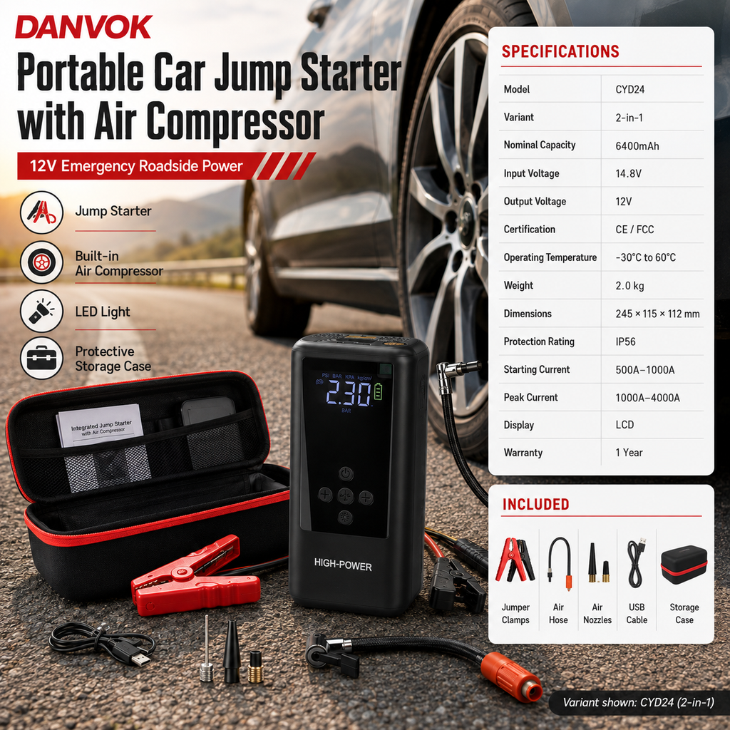Portable Car Jump Starter with Air Compressor – 12V