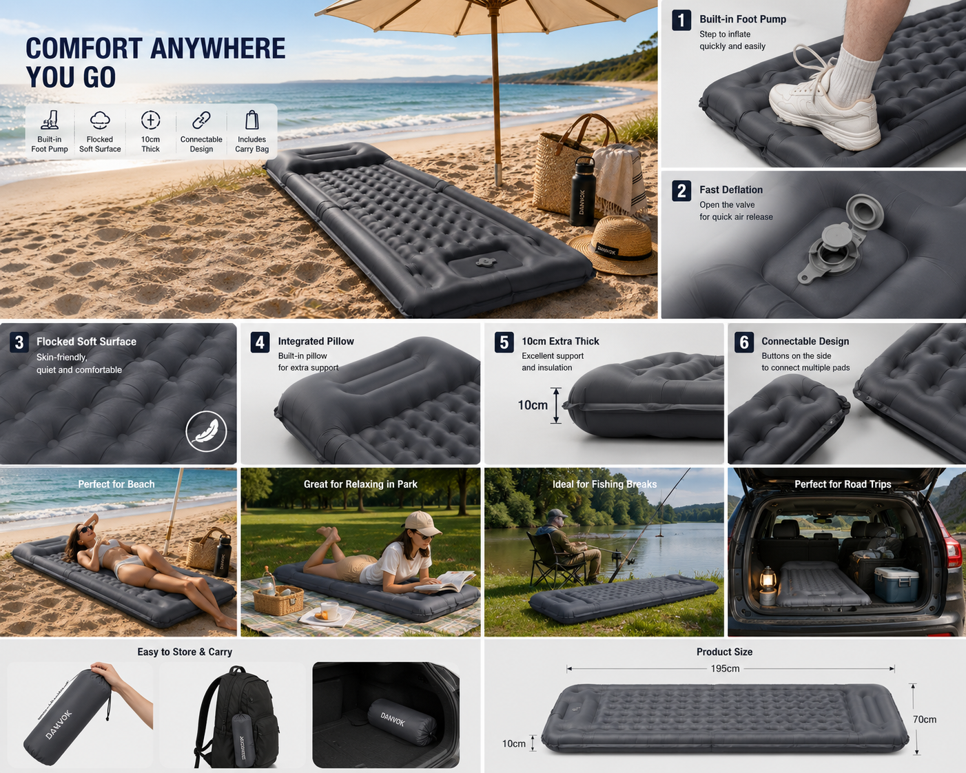 Portable Inflatable Camping Sleeping Pad with Built-in Foot Pump