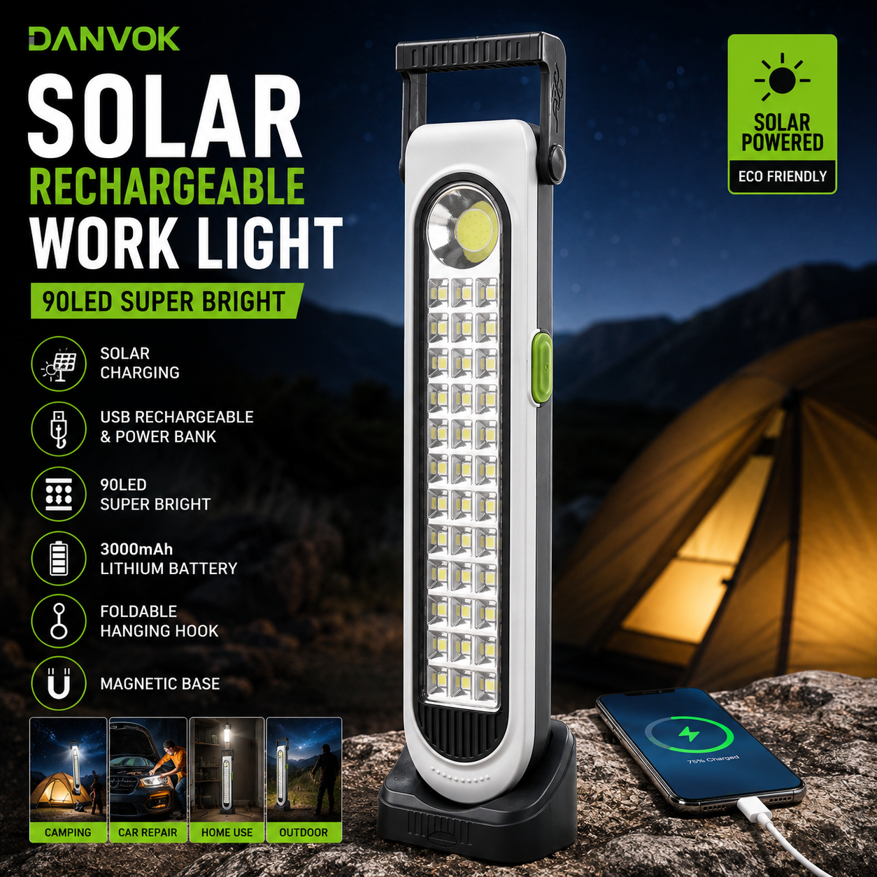 Solar Rechargeable Work Light 90LED - Rechargeable Emergency Light