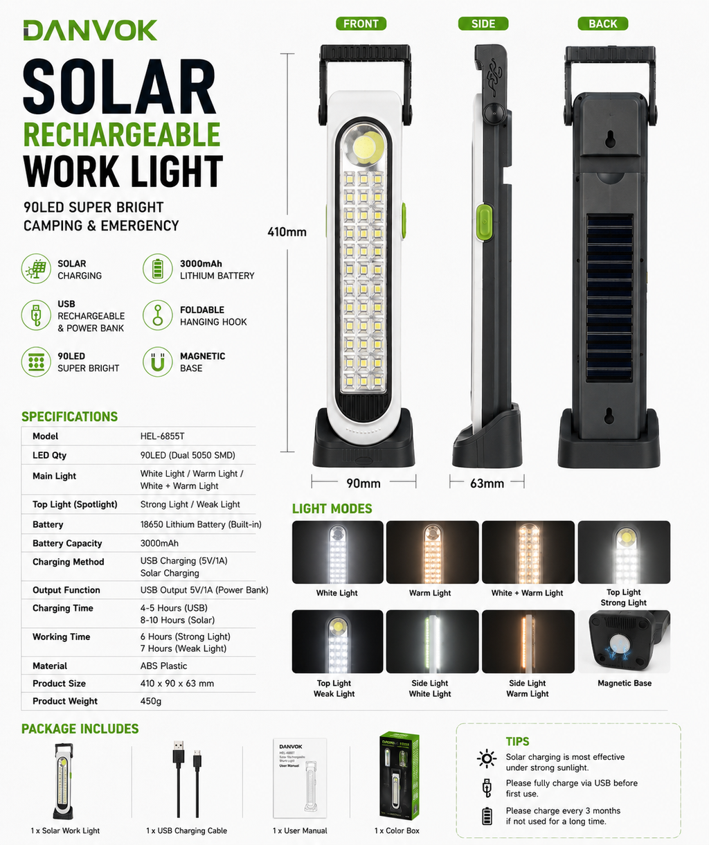 Solar Rechargeable Work Light 90LED - Additional Product View