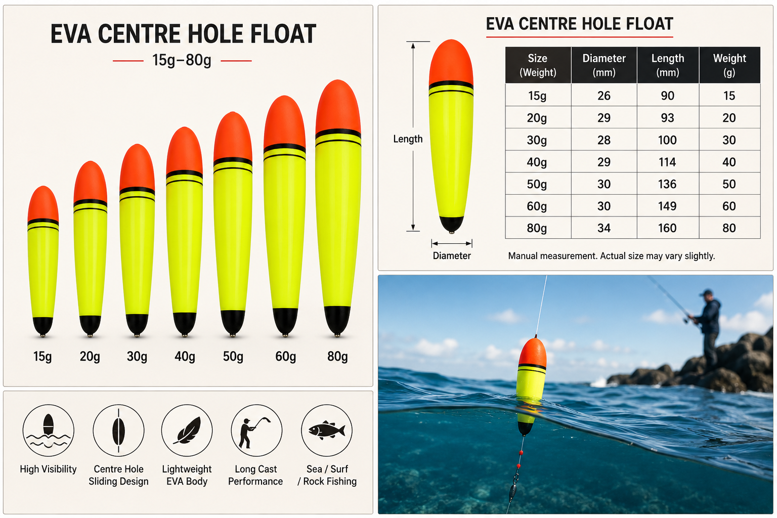 EVA Centre Hole Sliding Fishing Float – 15g–80g - Additional Product View