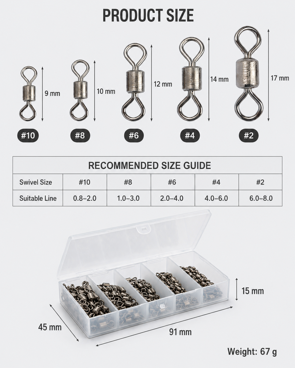 Fishing Swivel Connector Kit – 200 Pack, Assorted Sizes