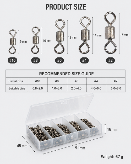 Fishing Swivel Connector Kit – 200 Pack, Assorted Sizes
