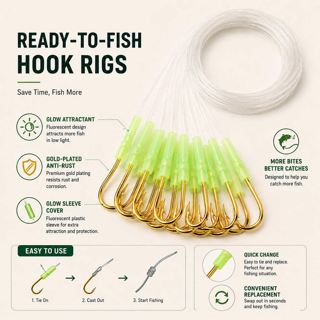 Pre Tied Glow Fishing Hook Rigs Gold Hooks 10 /Pack - Product Packaging View