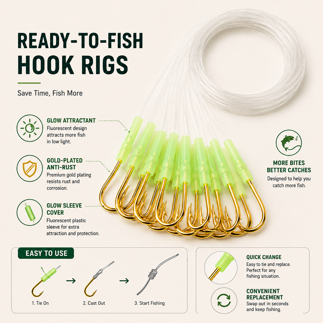 Pre Tied Glow Fishing Hook Rigs Gold Hooks 10 /Pack - Product Packaging View