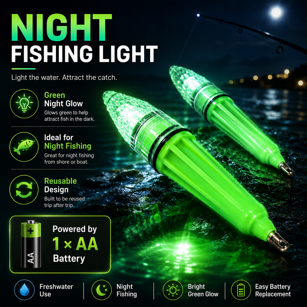 LED Fishing Attractor Light with AA Battery – Fluorescent Green, 12cm