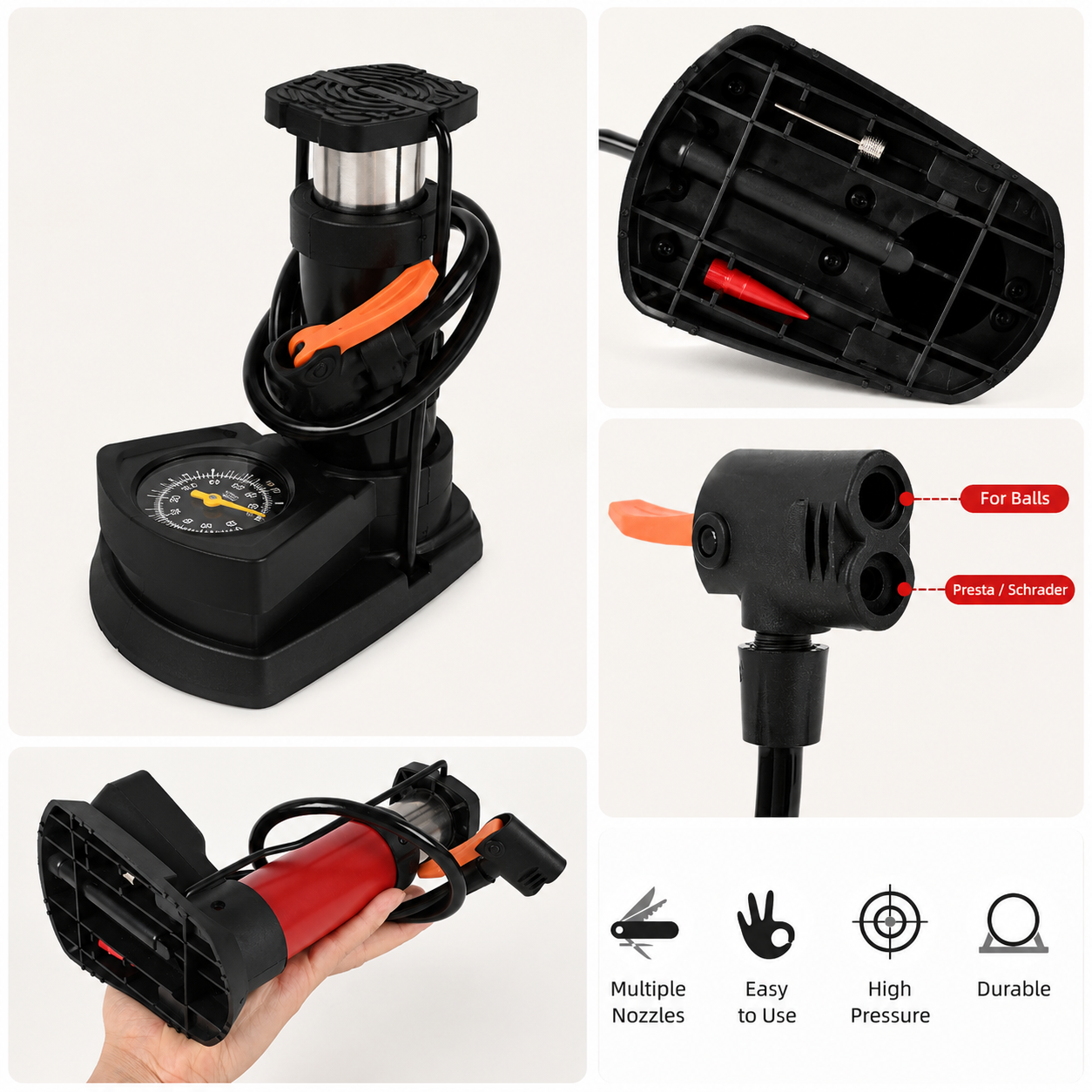 Portable Foot Pump with Pressure Gauge - Product Detail View