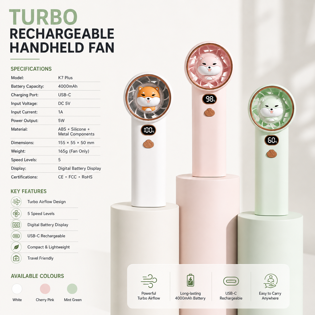 Turbo Rechargeable Handheld Fan