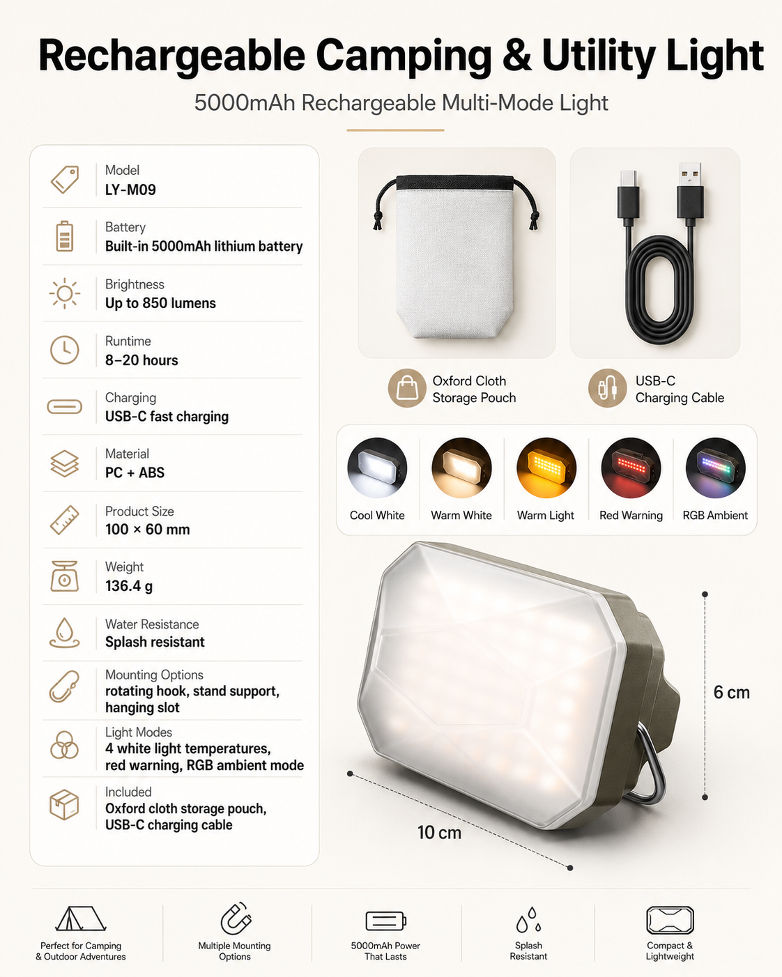 Rechargeable Camping & Utility Light 5000mAh